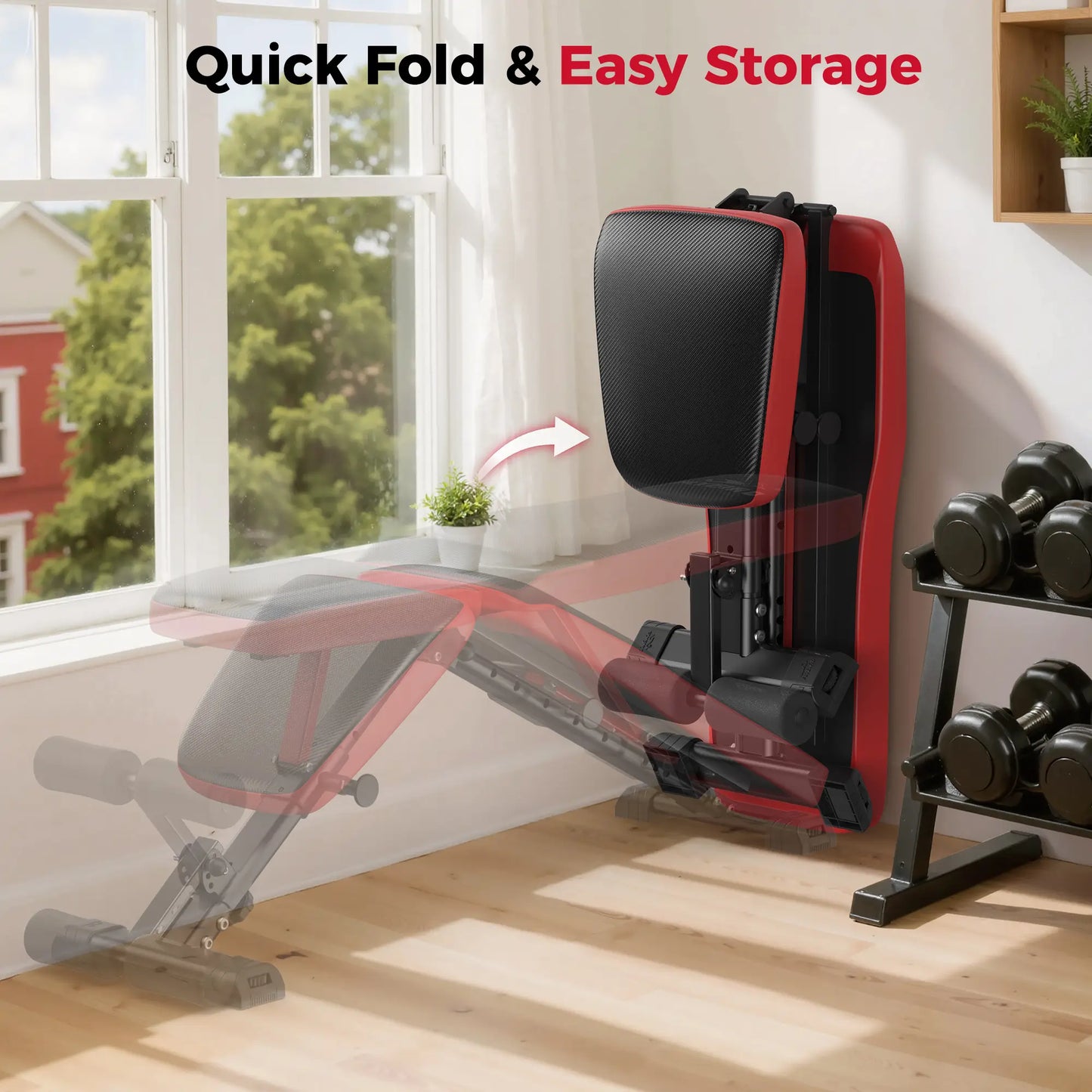 Home gym equipment with quick fold and easy storage feature in a bright room.