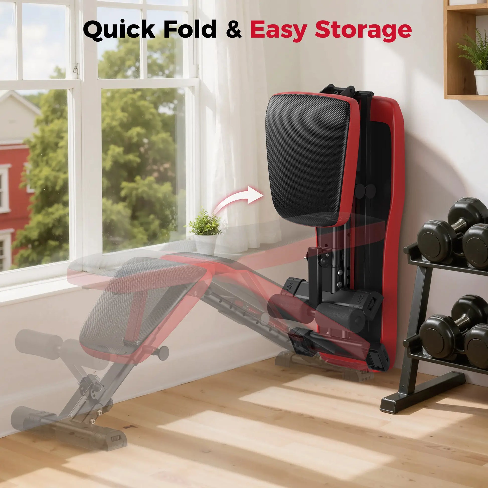 Home gym equipment with quick fold and easy storage feature in a bright room.