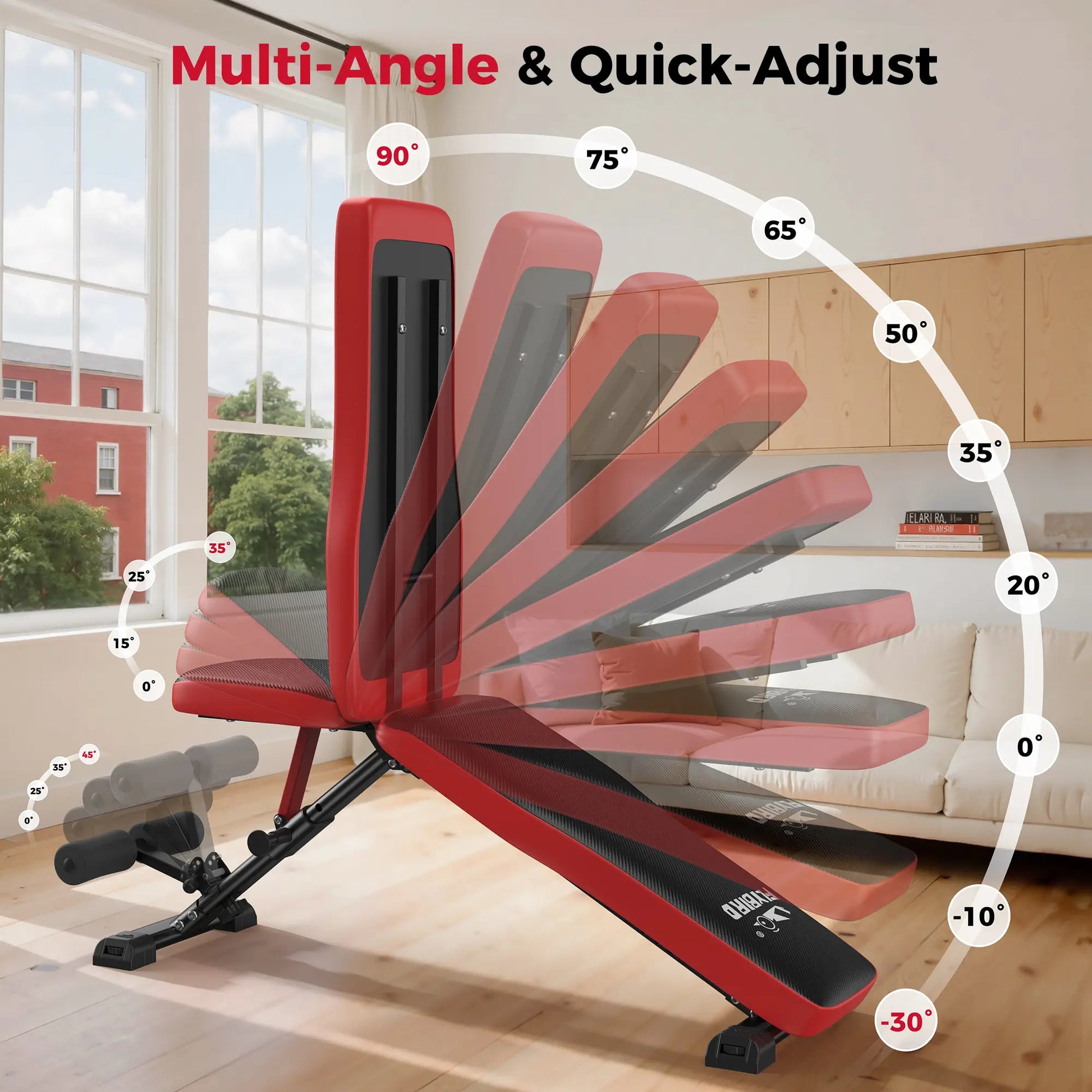Red adjustable workout bench with multi-angle display in a home setting