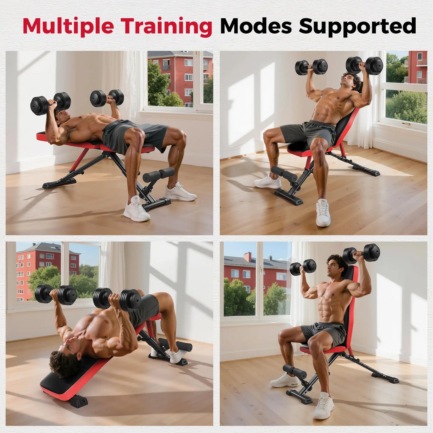 Man performing various weightlifting exercises on a bench with text 'Multiple Training Modes Supported'.