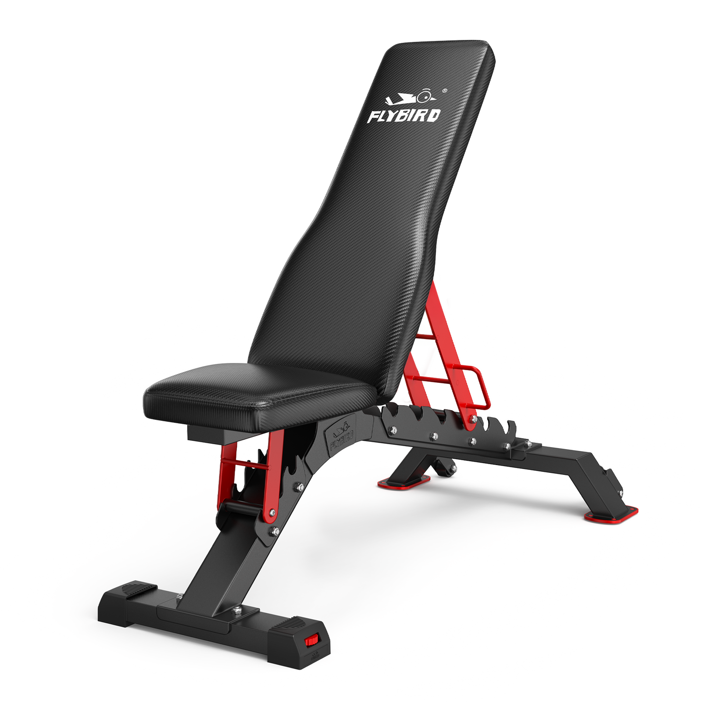 Black adjustable weight bench with red accents on a white background, featuring the Flybird brand.