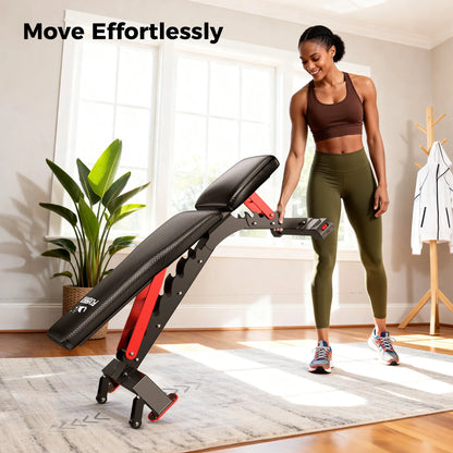 Woman using a adjustable weight bench in a home setting with a plant and coat rack in the background.