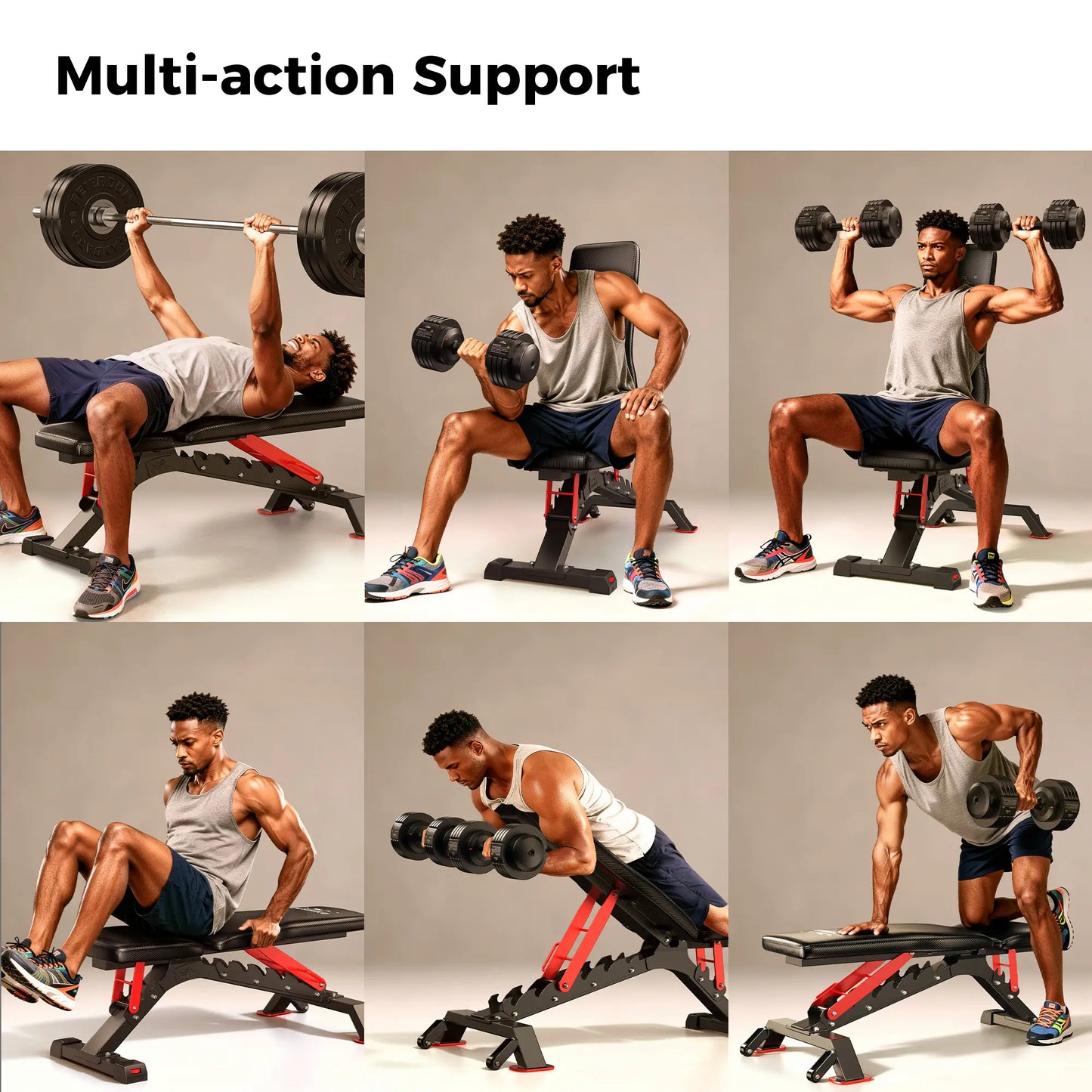 Man performing various exercises on a multi-action support gym bench.