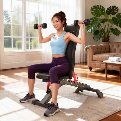 Woman exercising with dumbbells on a home fitness bench in a living room.