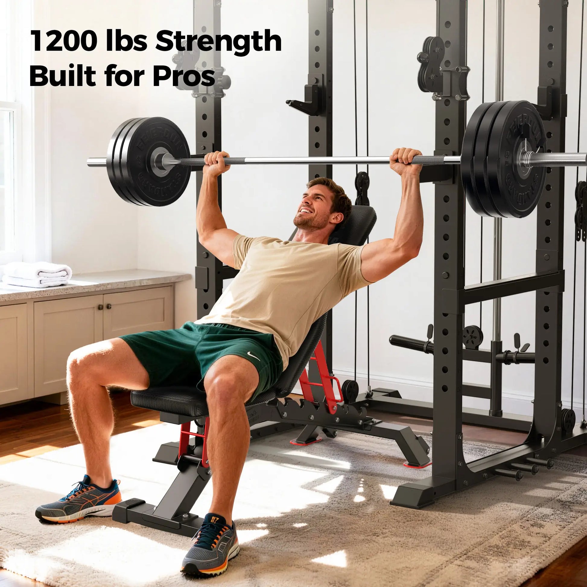 Man performing a bench press with a barbell in a home gym setting, text '1200 lbs Strength Built for Pros' displayed.
