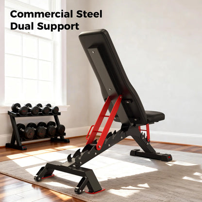 Black and red adjustable weight bench in a home gym setting with weights in the background.