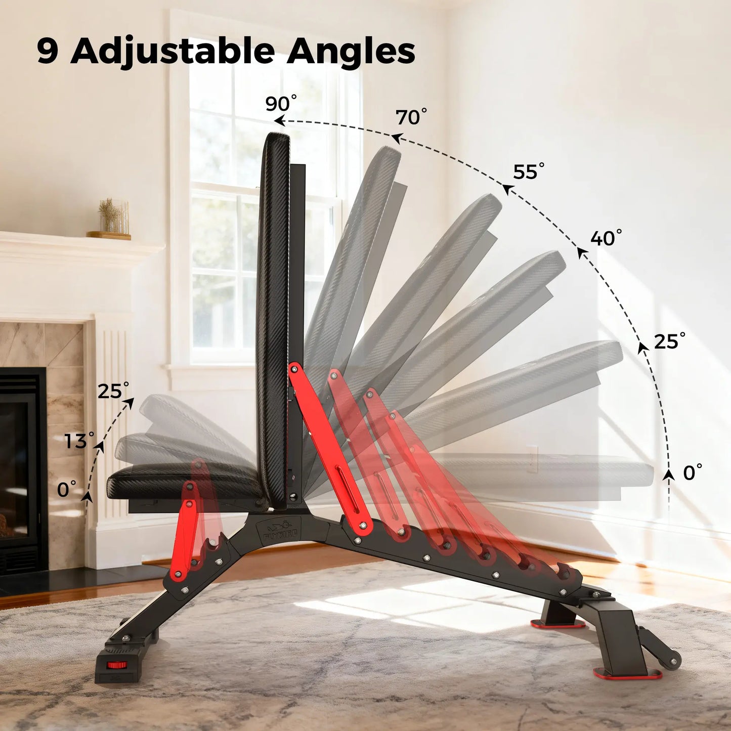 Adjustable workout bench with 9 adjustable angles shown, set against a home interior background.