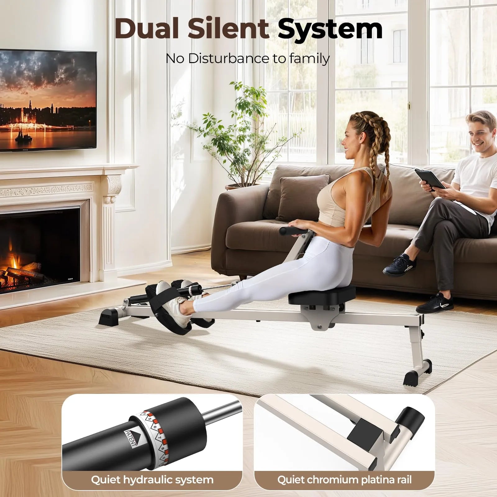 Woman exercising on a rowing machine in a living room with a man sitting on a couch.