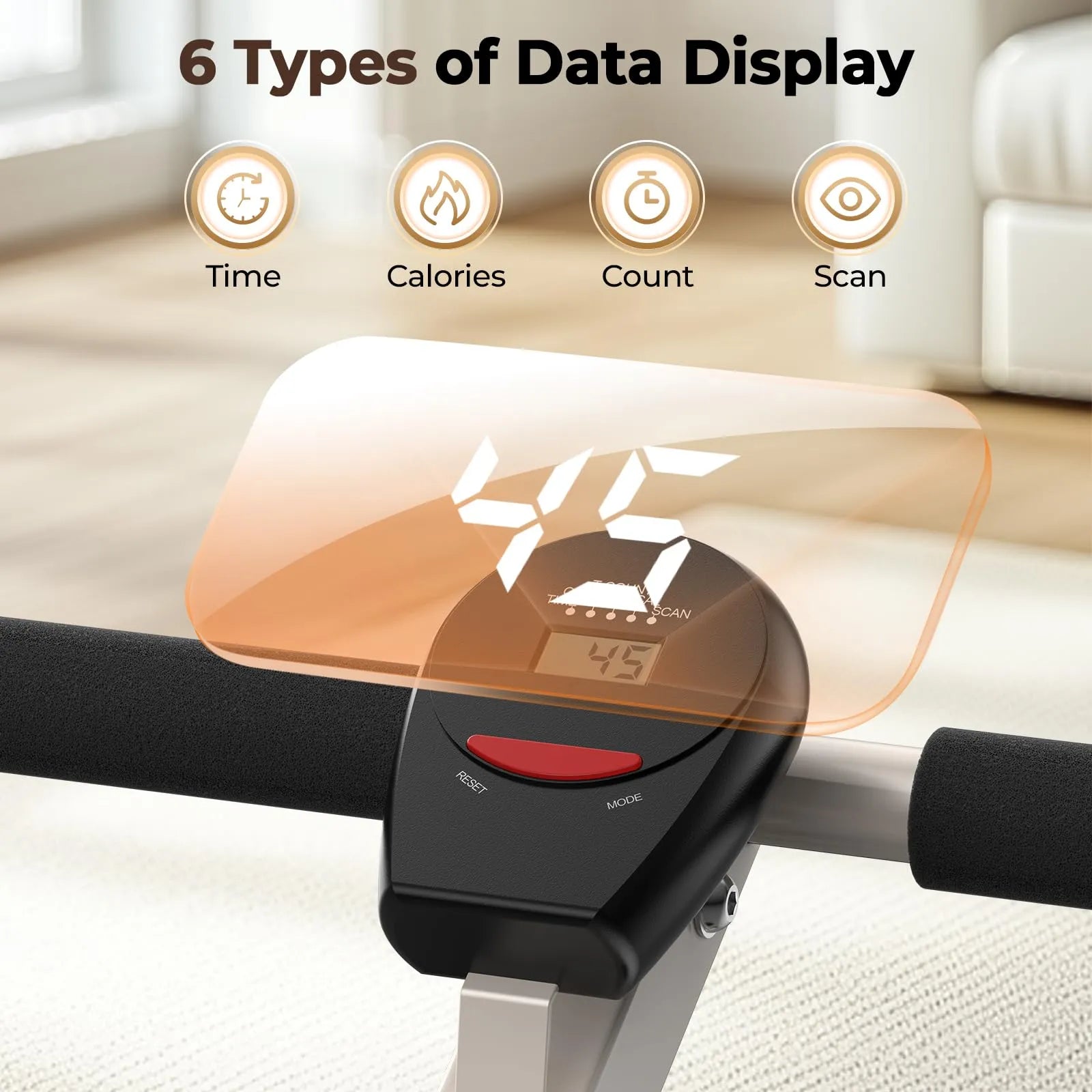 Digital display on a piece of exercise equipment with icons for time, calories, count, and scan.