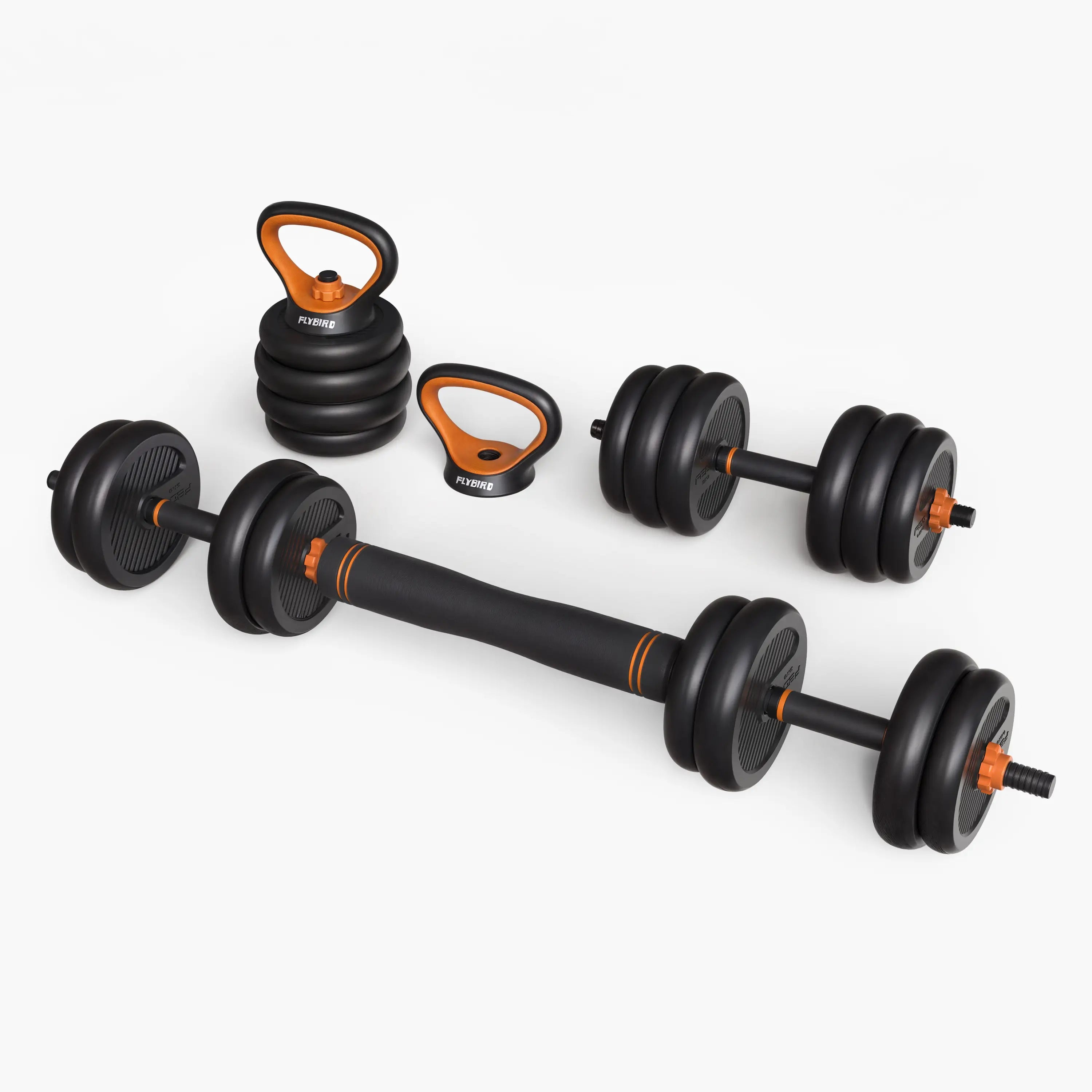 Set of adjustable dumbbells and a kettlebell on a white background