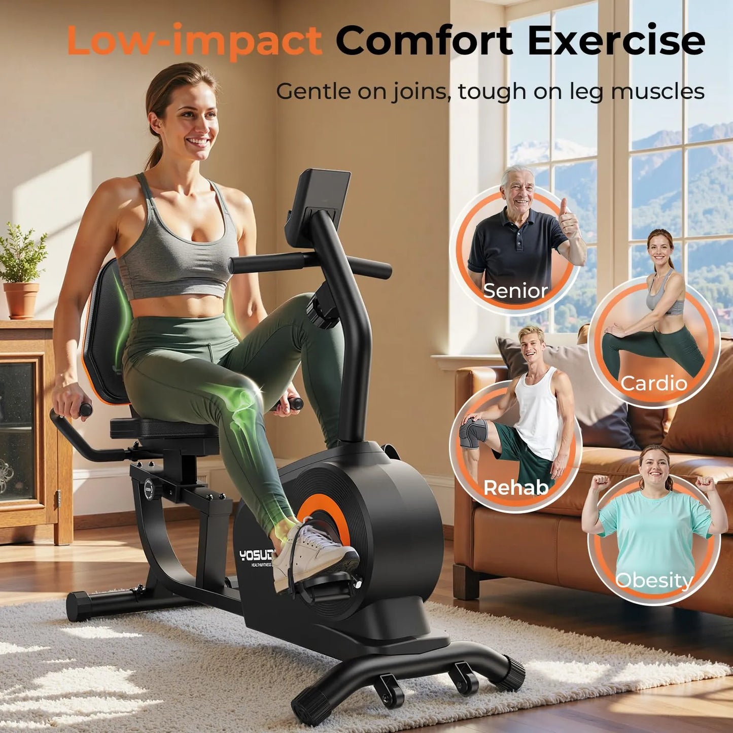 Woman exercising on a stationary bike with text about low-impact comfort exercise.