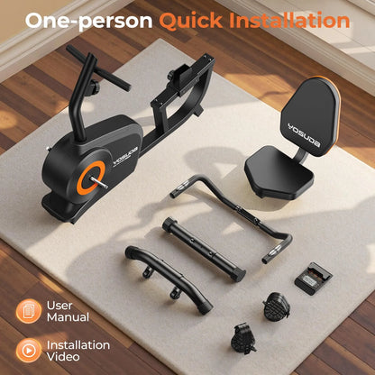 Yosuda exercise bike components on a wooden floor with installation text and icons.