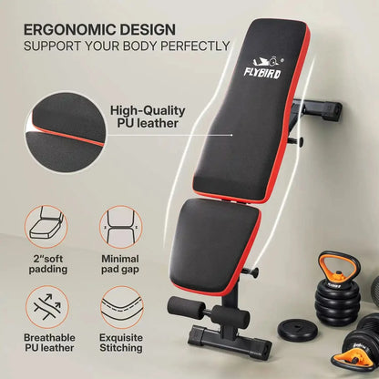 Flybird weight bench with features highlighted on a light background