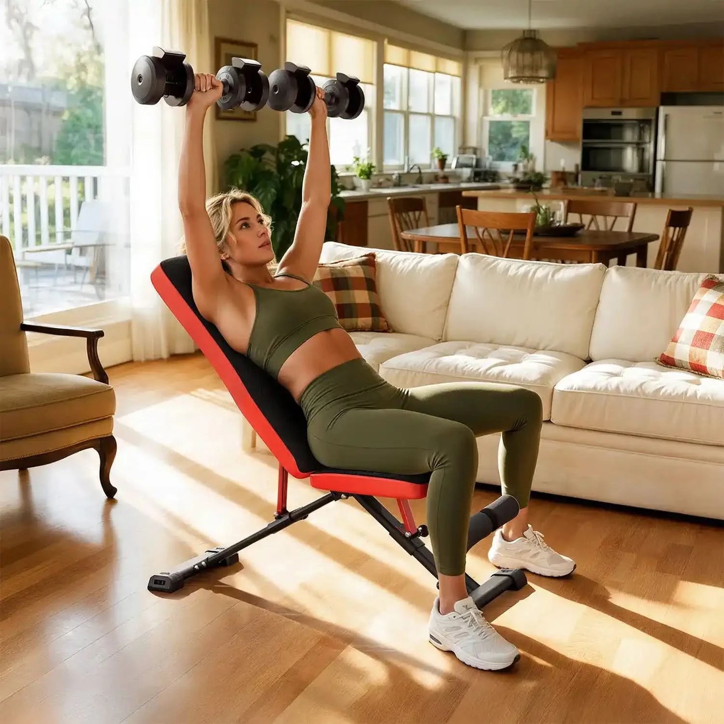 Woman exercising with dumbbells on a red bench in a living room.
