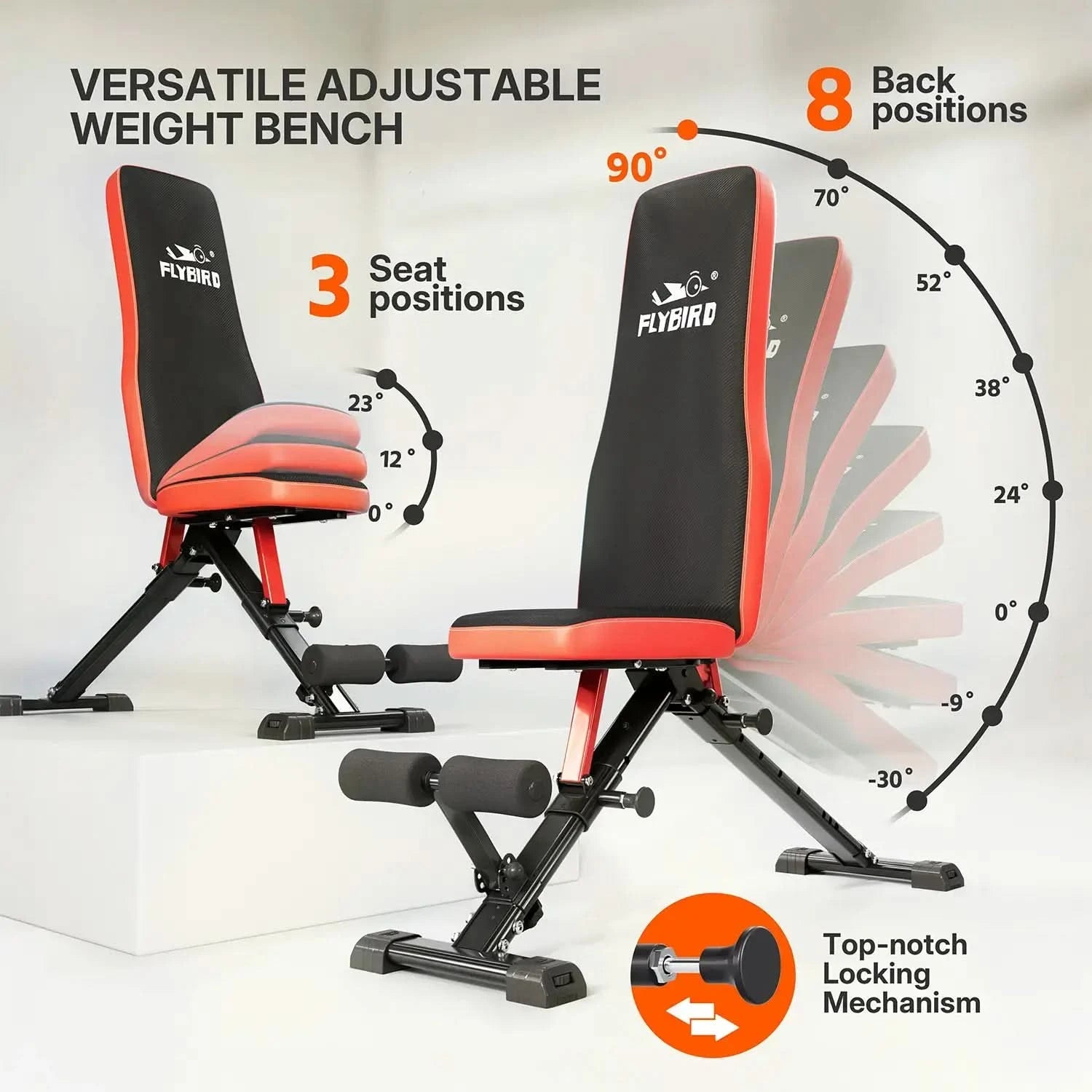 Flybird adjustable weight bench with features highlighted on a white background