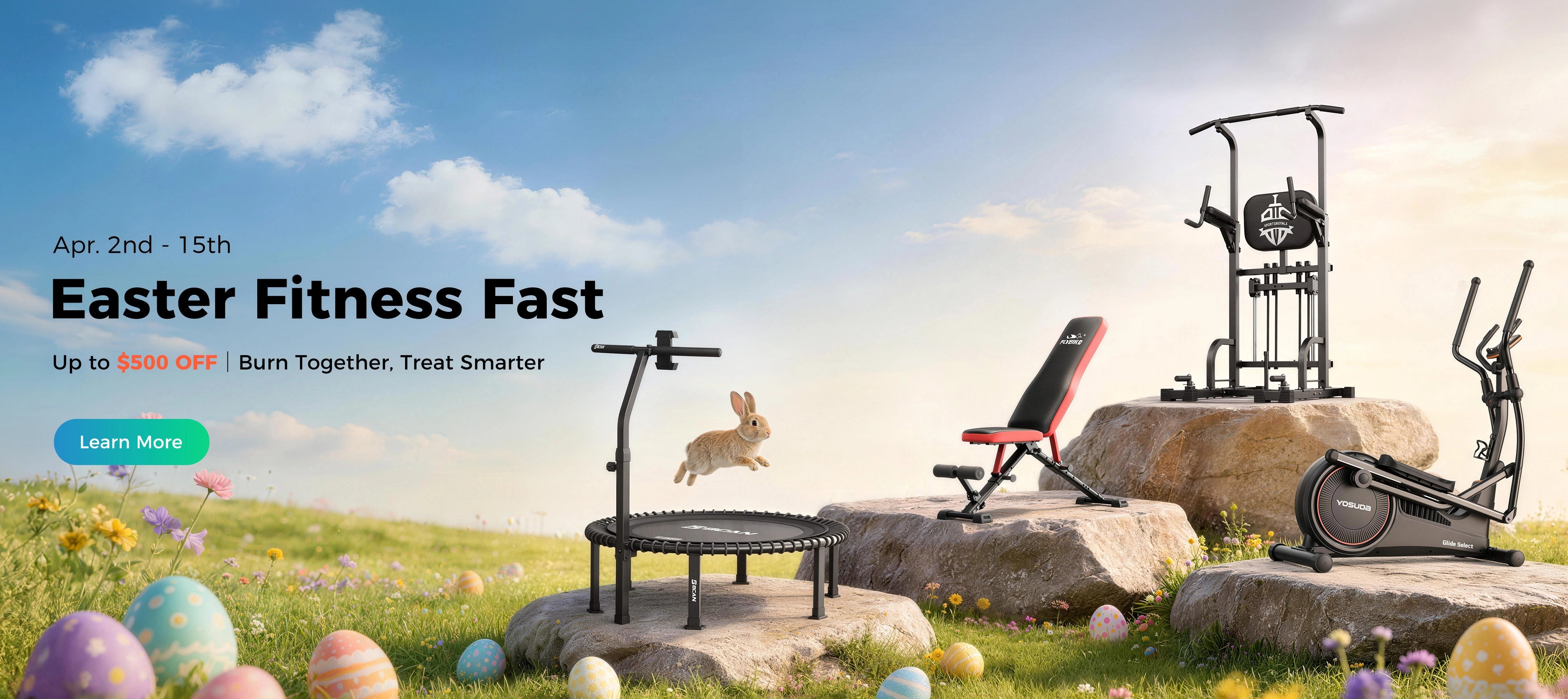 Fitness equipment on a grassy field with Easter eggs and a rabbit, promoting an Easter Fitness Fast event.