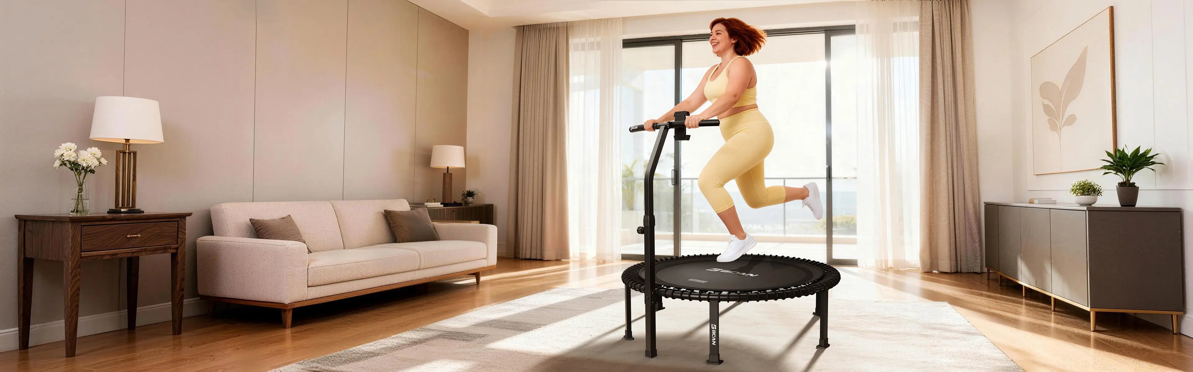 A curvy woman exercising on a mini-trampoline