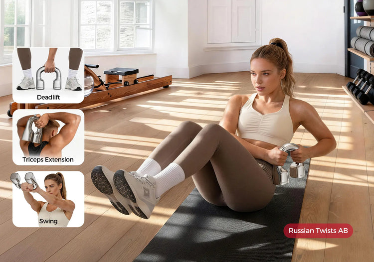 Woman exercising with dumbbells in a home gym setting, with inset images of different exercises.