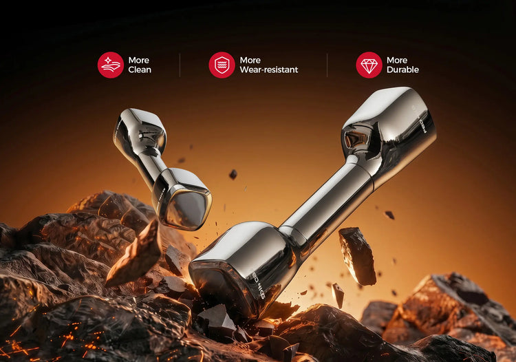 Two metallic wrenches breaking through rocks with icons and text indicating benefits on a dark background.