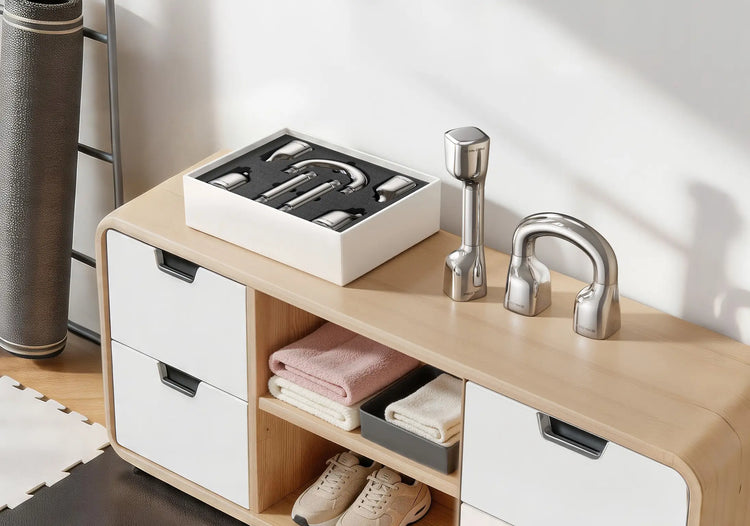 Wooden cabinet with drawers and shelves, containing kitchen utensils and towels.