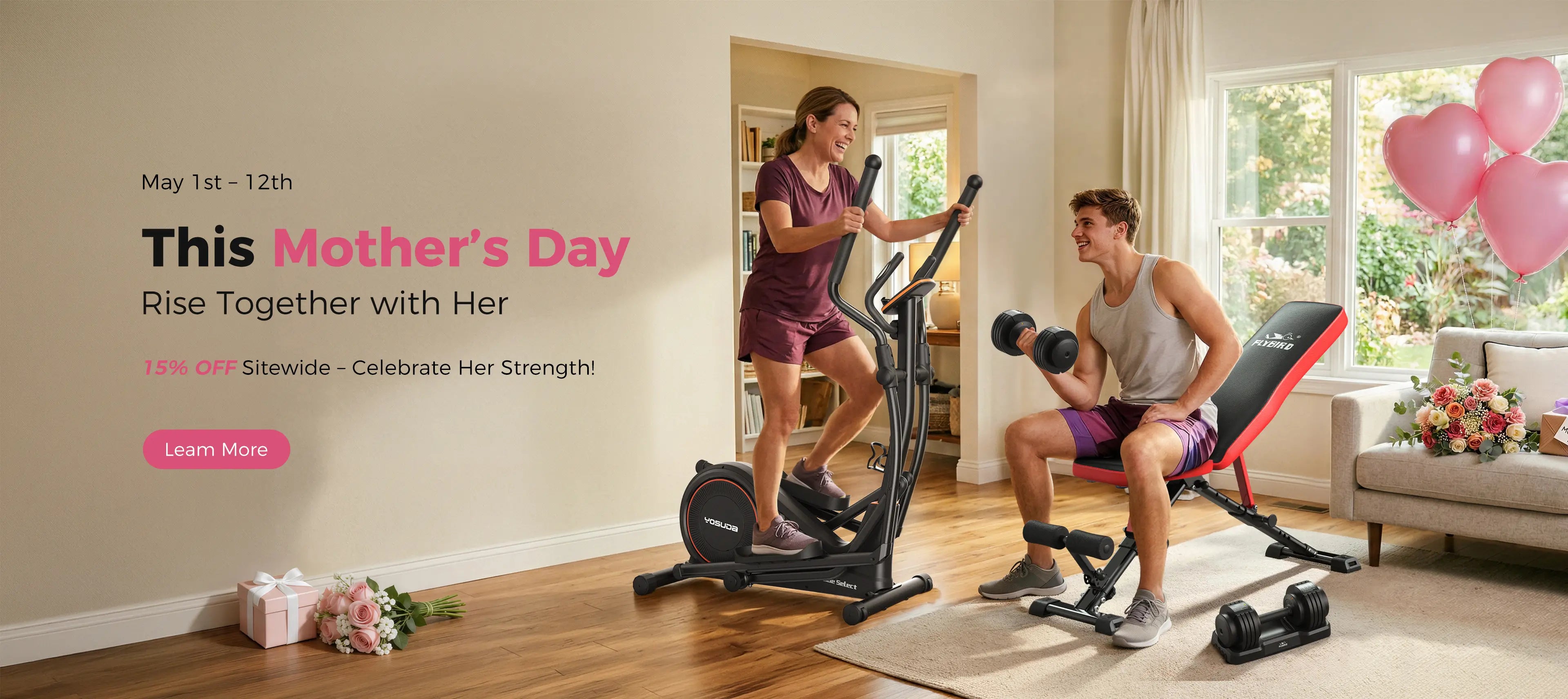Two people exercising together in a living room with promotional text for Mother's Day.