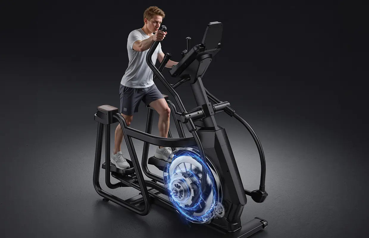 Person using a modern elliptical machine with glowing elements on a dark background