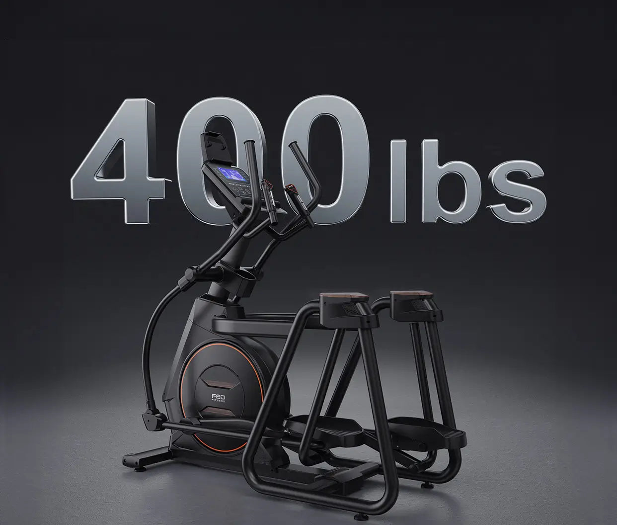 Elliptical trainer with '400 lbs' capacity text on a dark background