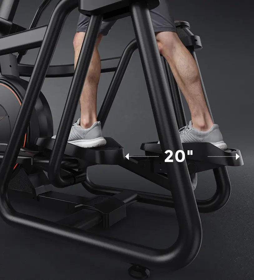 Person using a black elliptical machine with a measurement label indicating 20-inch stride length on a dark background.