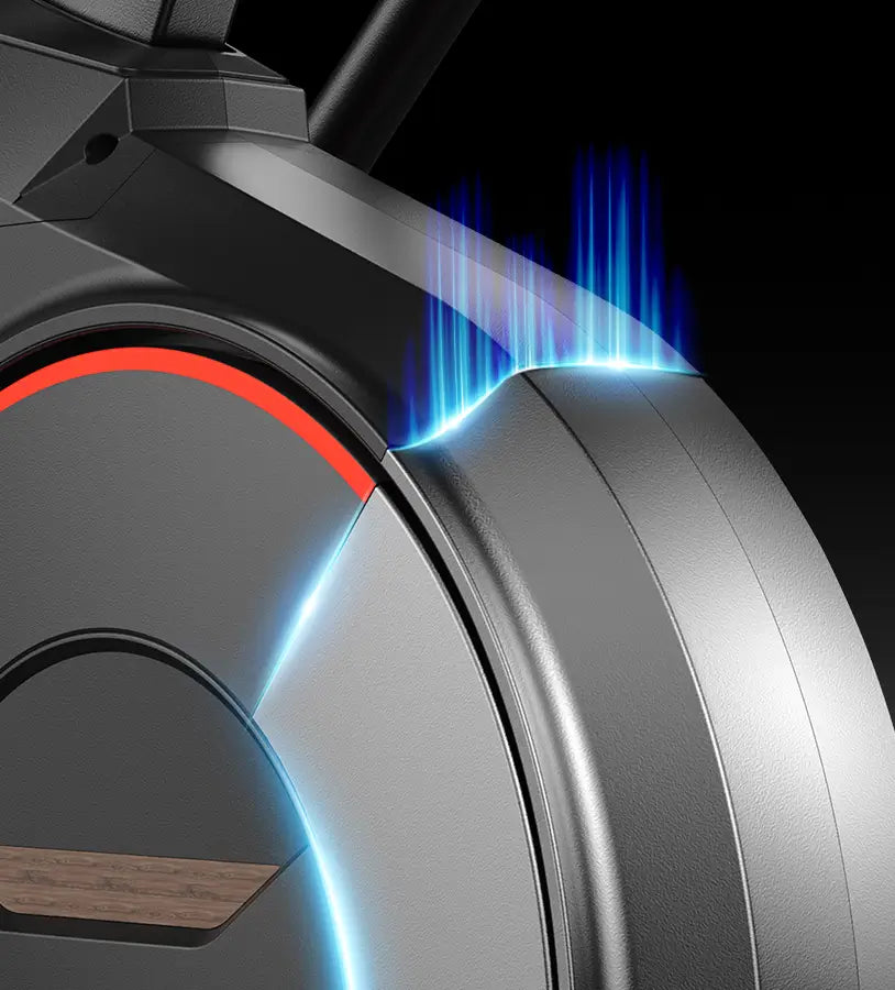 Close-up of a futuristic vehicle wheel with glowing blue accents on a dark background