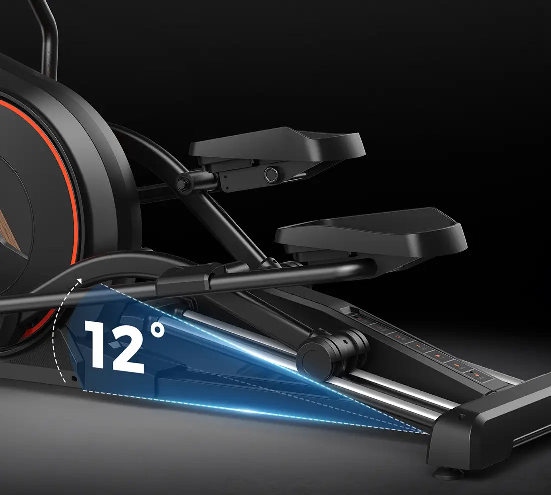 Elliptical trainer with adjustable incline feature on a dark background