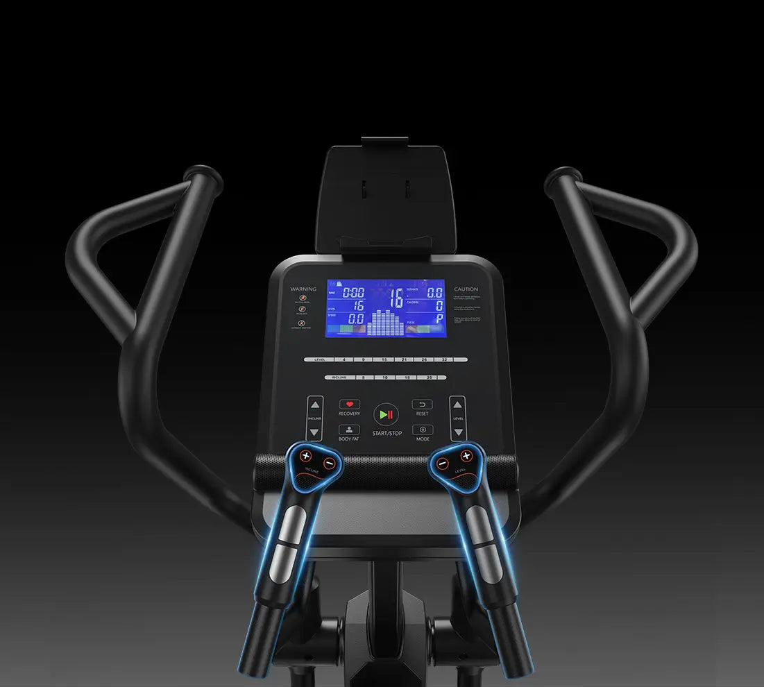 Exercise bike with digital display on a black background