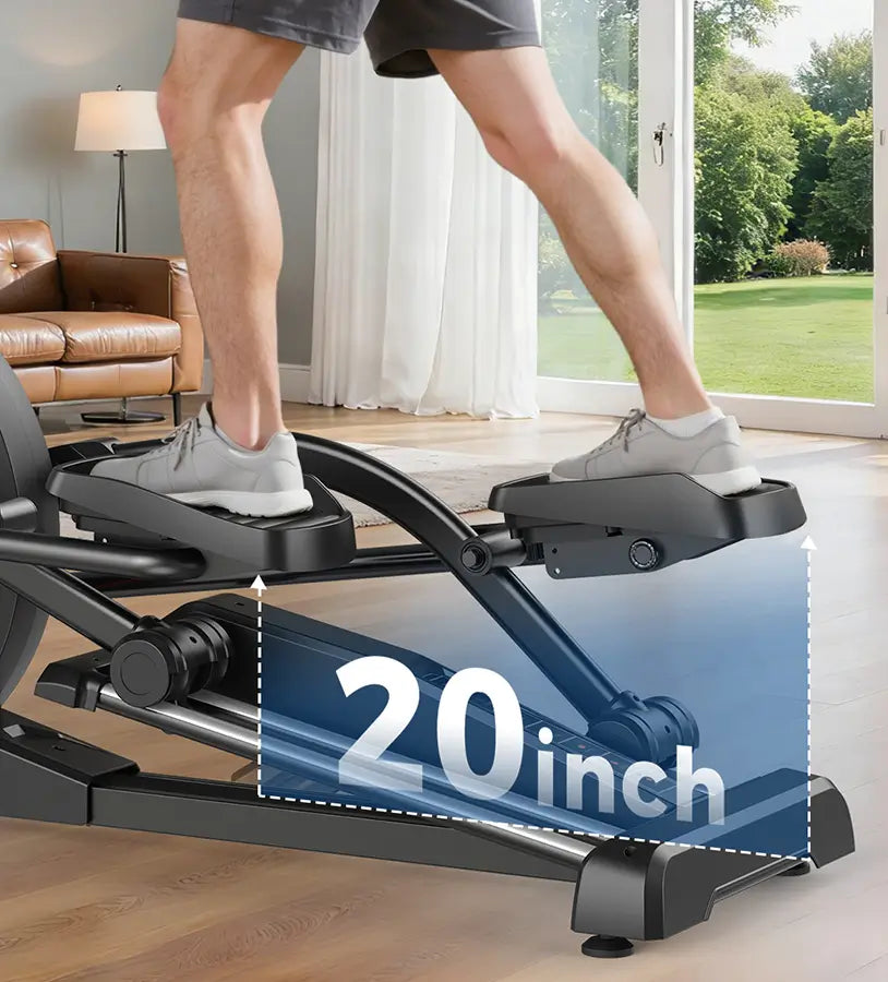 Person using a home exercise machine with a focus on the 20-inch width feature.