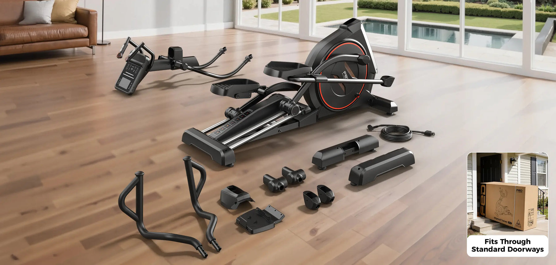 Rowing machine disassembled on a wooden floor with packaging box in corner