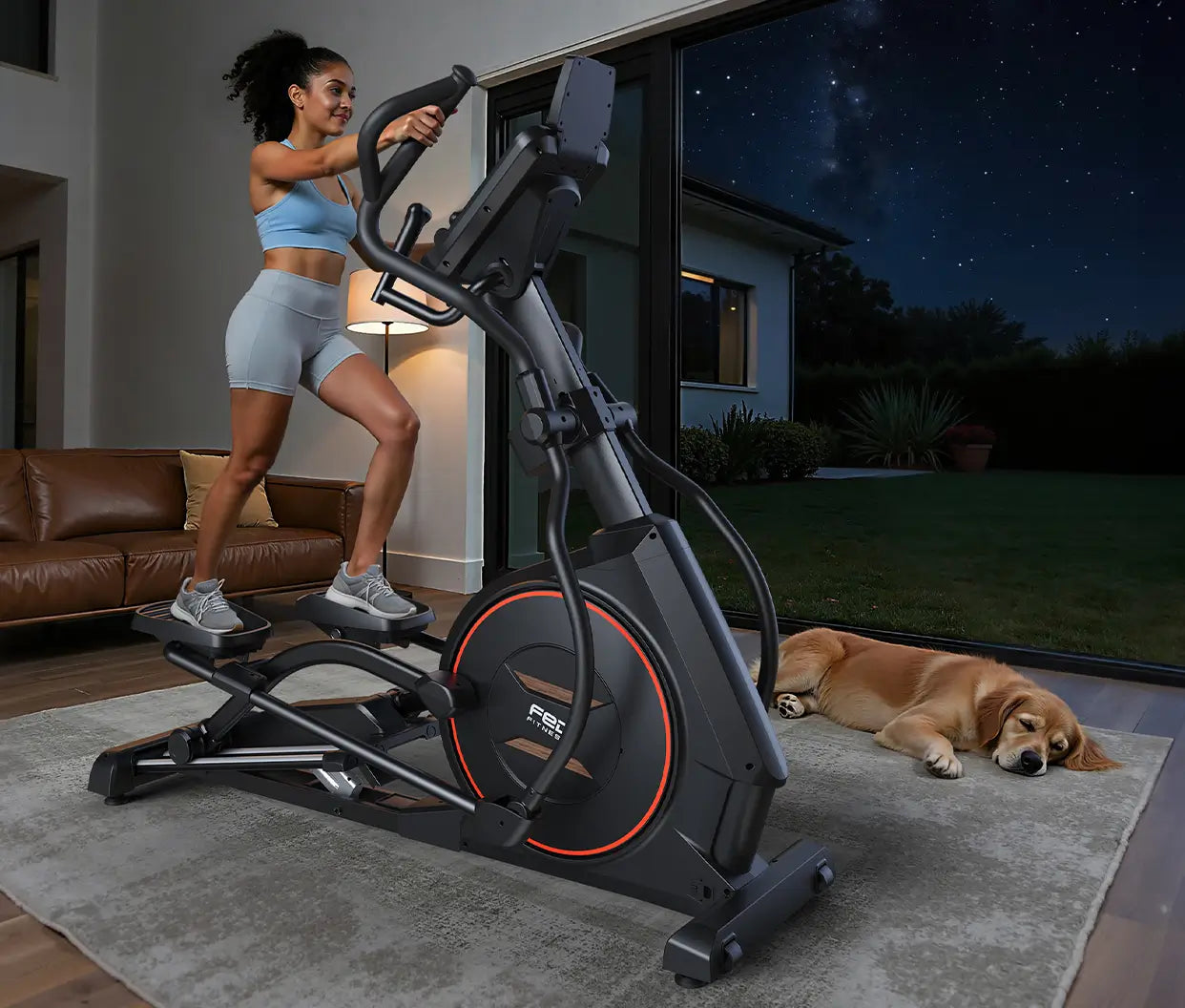 Woman exercising on an elliptical machine in a home setting with a dog lying on the floor.