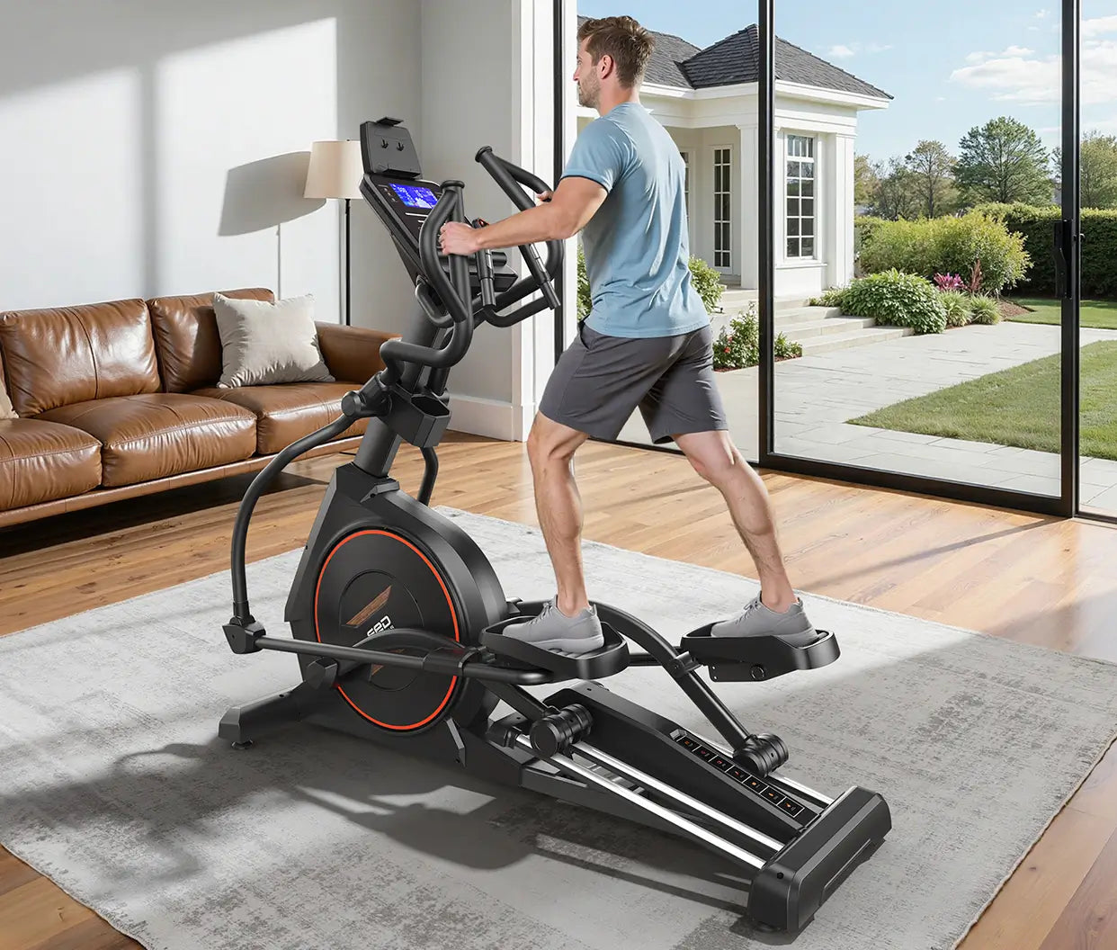 Man exercising on aelliptical machine in a home setting