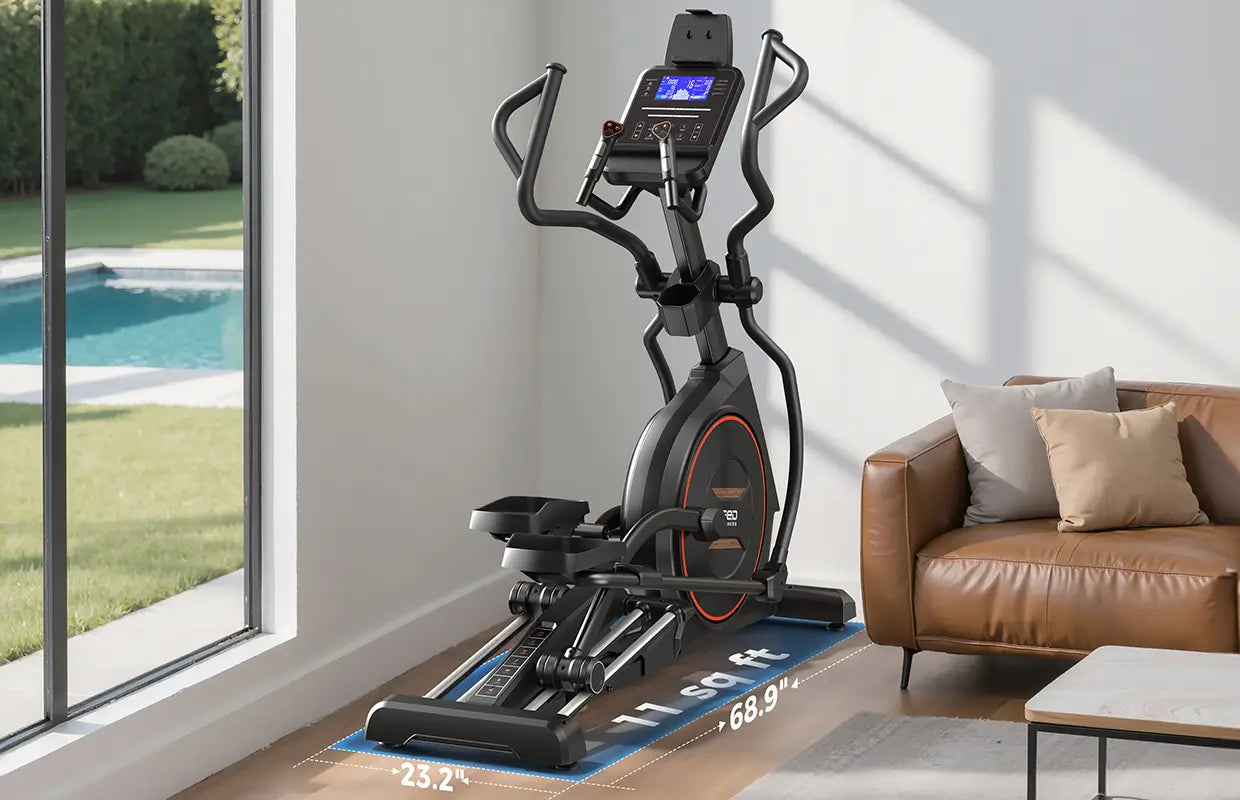 Elliptical machine in a home setting with a couch and window view.