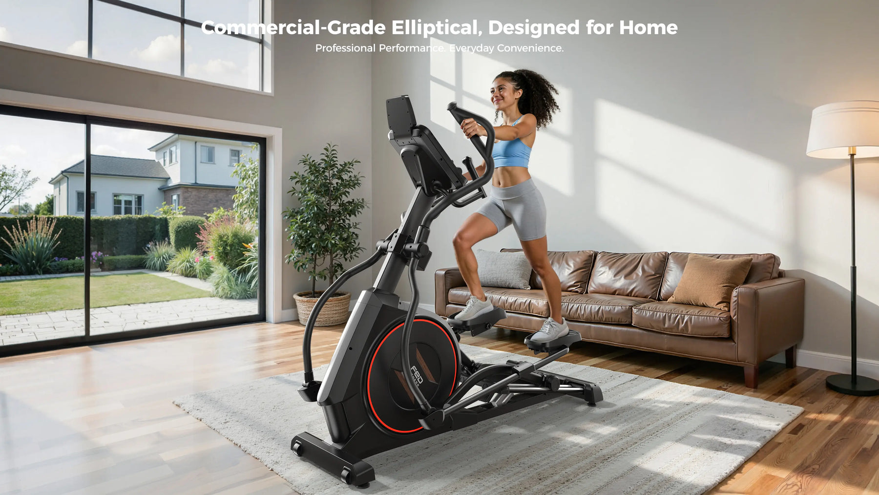 Woman exercising on a commercial-grade elliptical in a home setting.