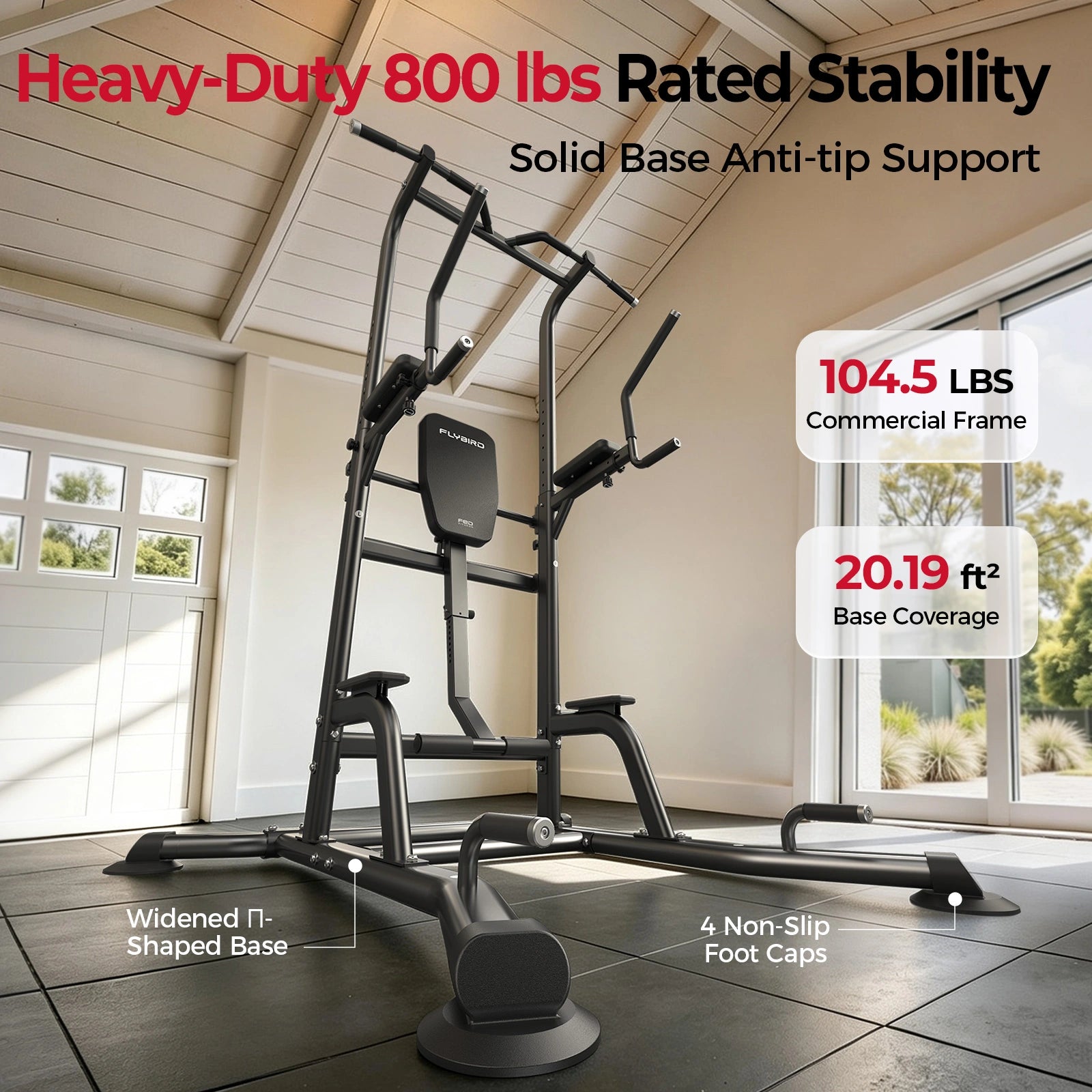 Gym exercise tower with stability and capacity features displayed indoors.