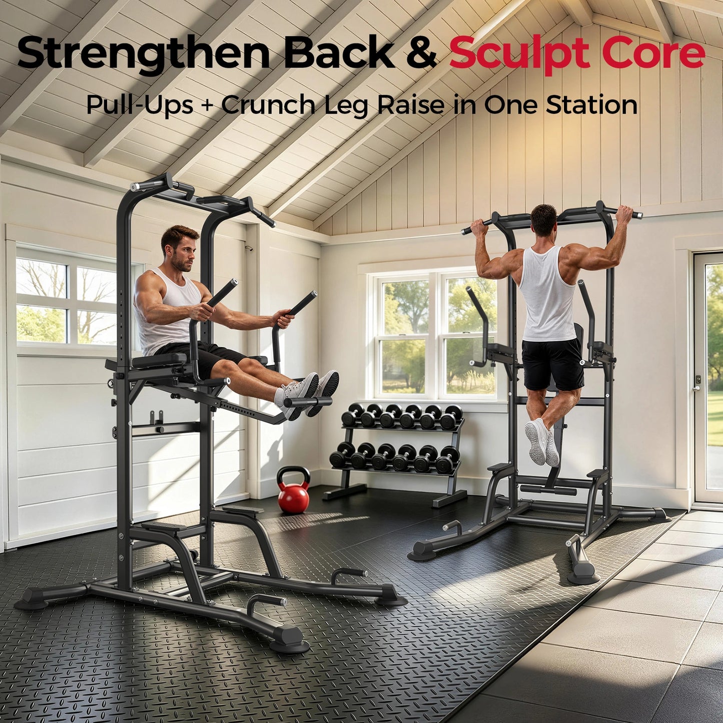 Gym equipment with two people using it in a home gym setting.