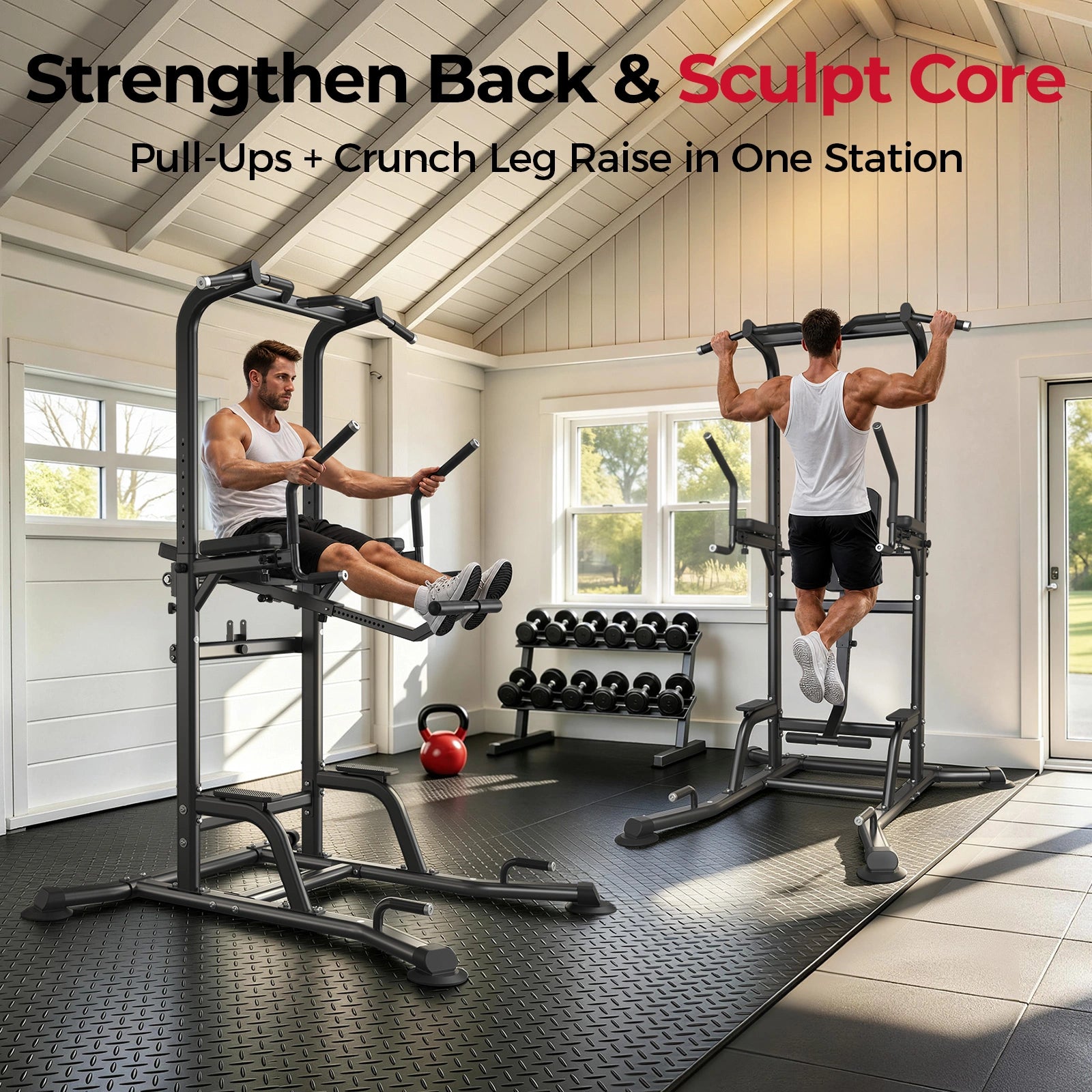 Gym equipment with two people using it in a home gym setting.
