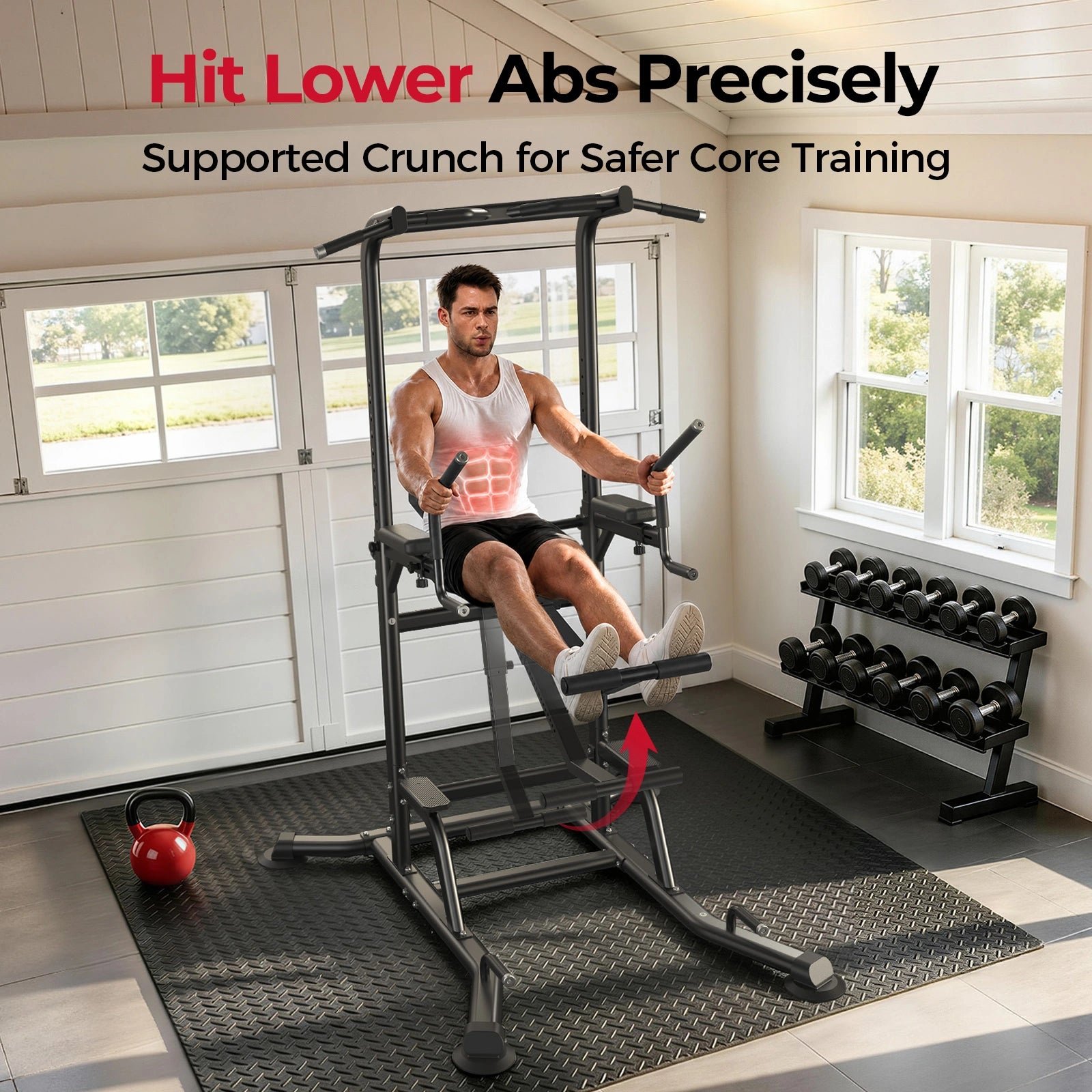 Man using a home gym machine with text about core training.