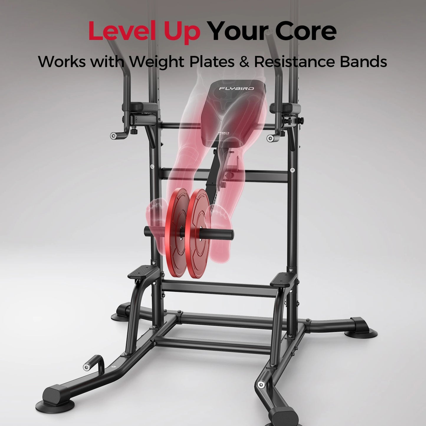 Gym equipment with weight plates and resistance bands on a gray background