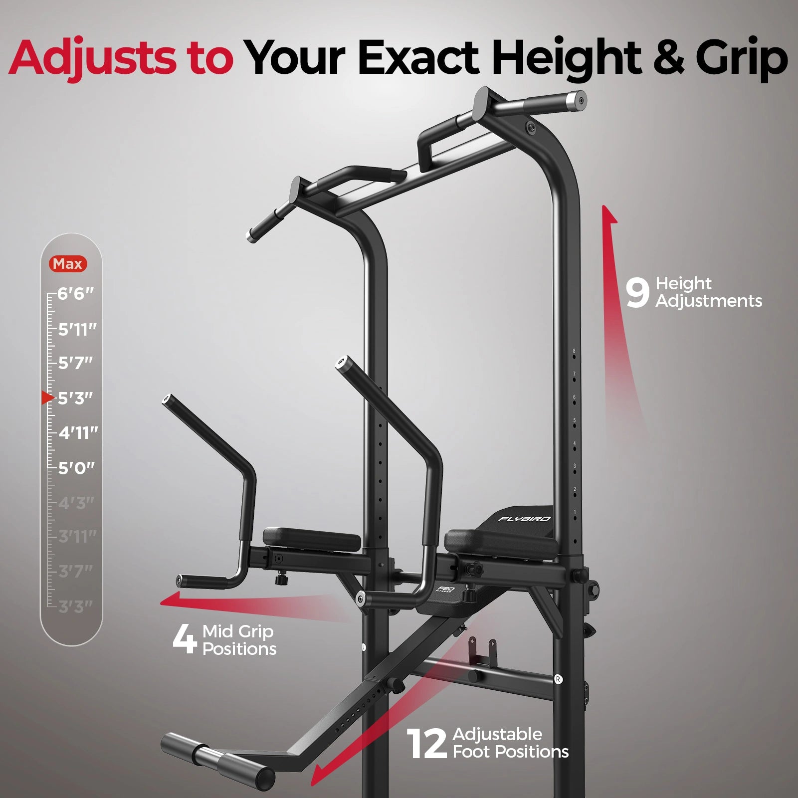 Gym power rack with adjustable height and grip features on a gray background