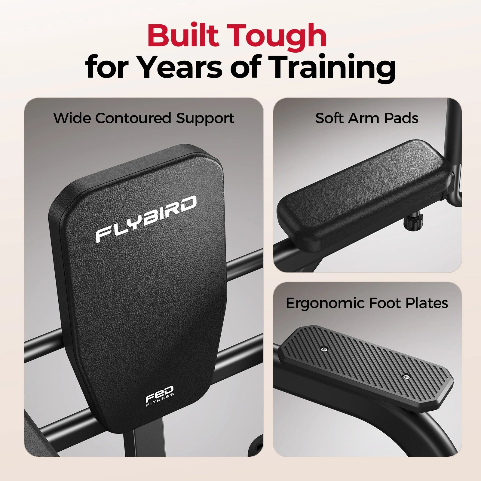 Flybird exercise machine with wide contoured support, soft arm pads, and ergonomic foot plates on a beige background.