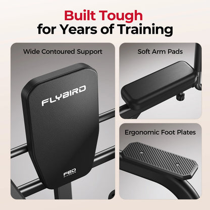 Flybird exercise machine with wide contoured support, soft arm pads, and ergonomic foot plates on a beige background.