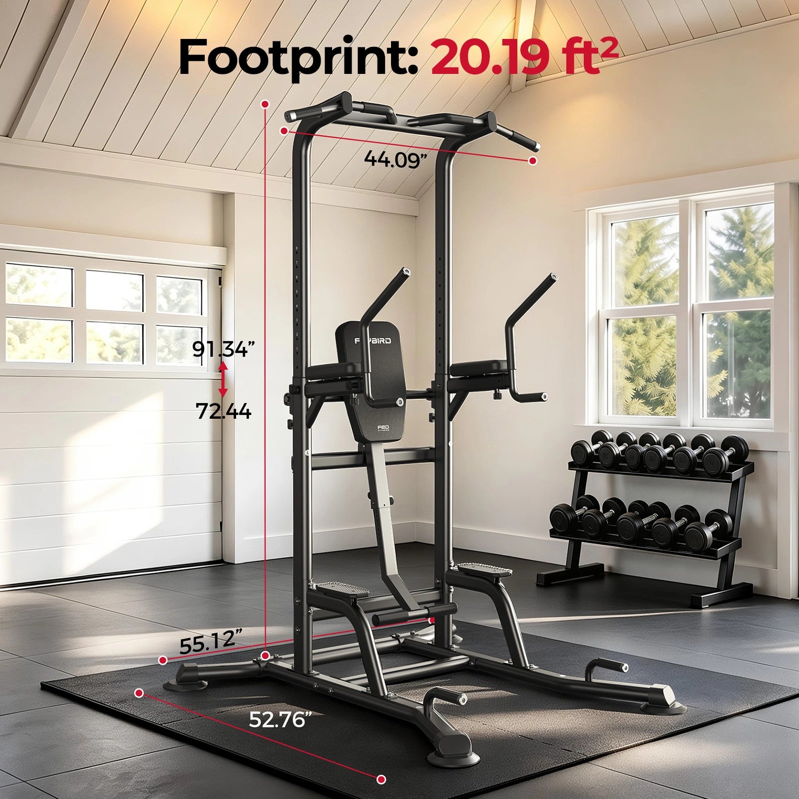 Gym equipment with dimensions labeled in a home setting