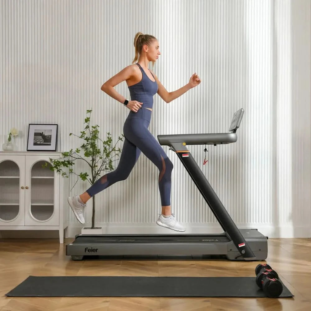 A woman runs on the treadmill