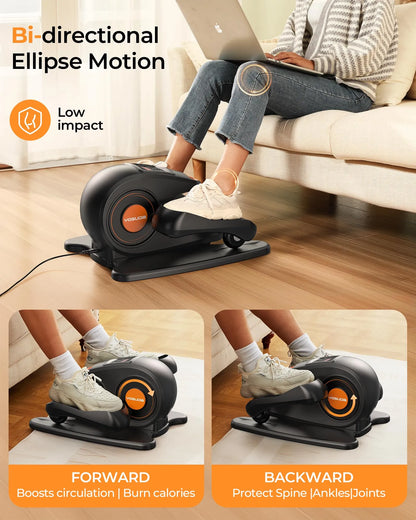 Mini elliptical trainer with person using it on a couch, highlighting bi-directional ellipse motion and low impact.