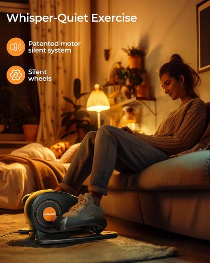 Person using a Quiet Exercise machine in a cozy living room with 'Whisper-Quiet Exercise' text and branding.