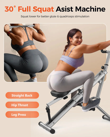 Woman using a full squat assist machine with text indicating its features.